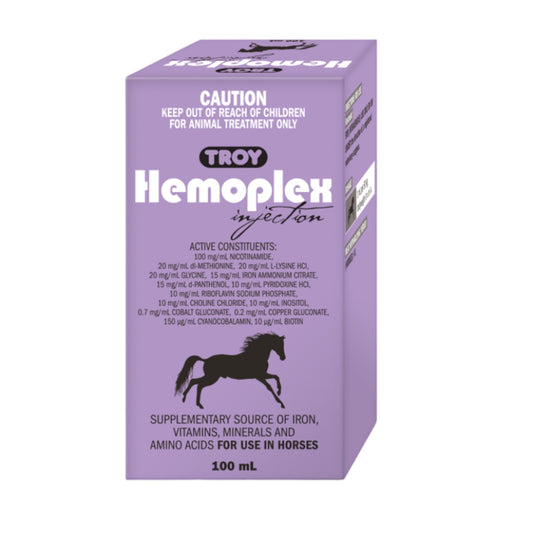 Troy Hemoplex Injection. 100ml. Supplementary source of iron, vitamins, minerals and amino acids for horses