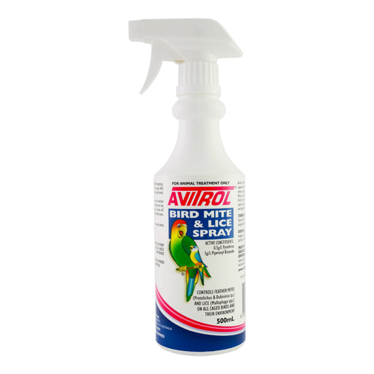 Avitrol Bird Mite & Lice Spray 500ml. Controls feather mites and lice on caged birds and their environment