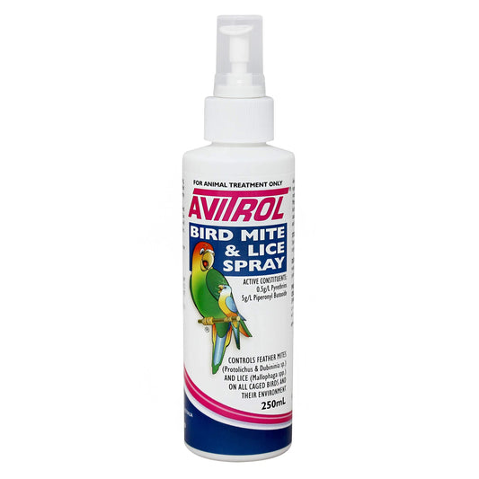 Avitrol Bird Mite & Lice Spray 250ml Controls feather mites and lice on caged birds and their environment