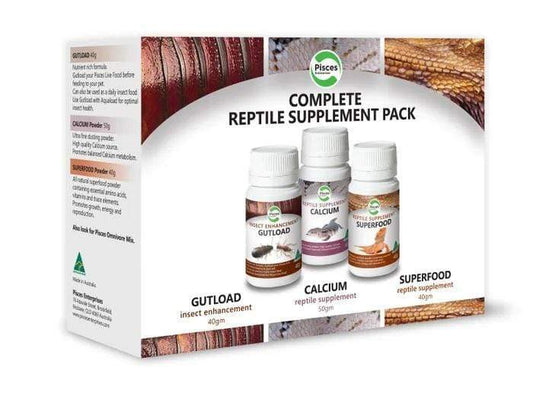 Pisces Complete Reptile Supplement Pack. Contains Gutload, Calcium & Superfood
